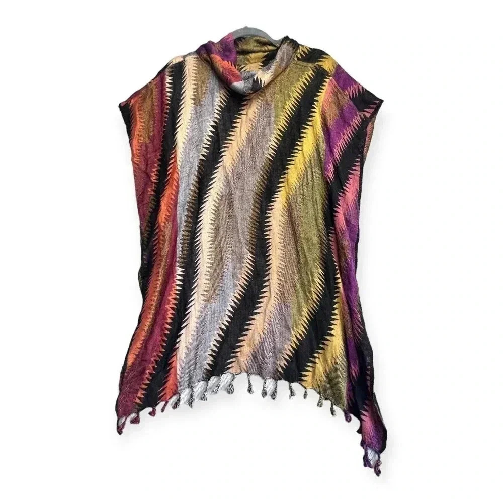 Womens Chevron Black Yellow Fringe Cowl Poncho Sz One Size Autumn Southwest Boho